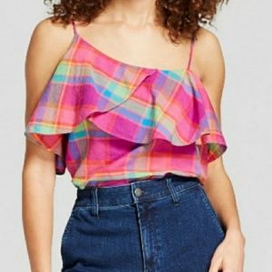 WOMENS PLAID RUFFLE SPAGHETTI STRAP TOP